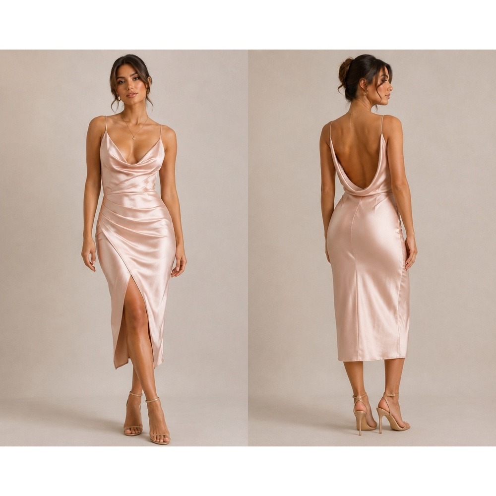 House of CB Coco Slit Midi Dress S‎ Pink Satin Draped Cowl Back Formal Glam Chic